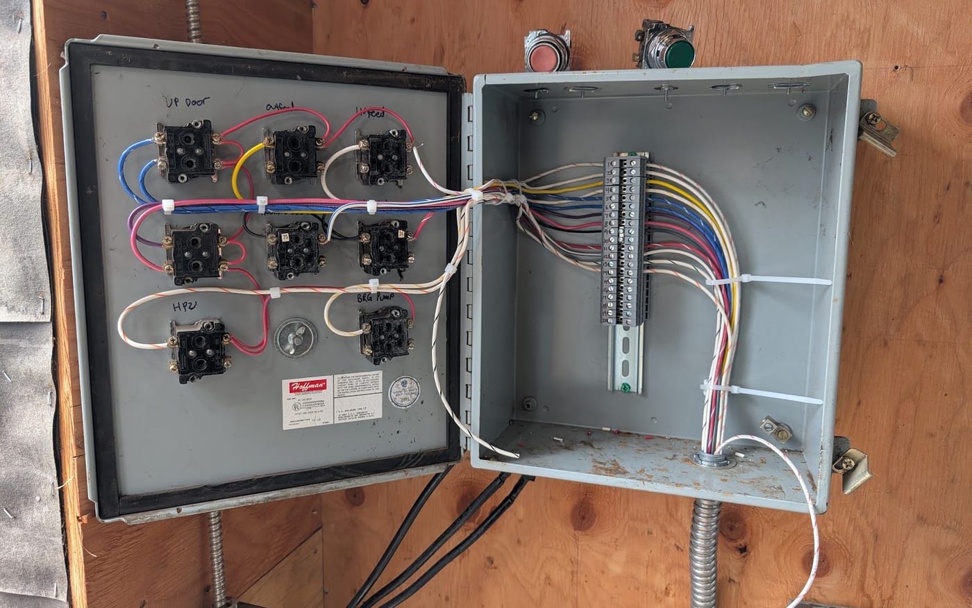 Low-voltage control enclosure with relays, terminal strip and labeled control wiring