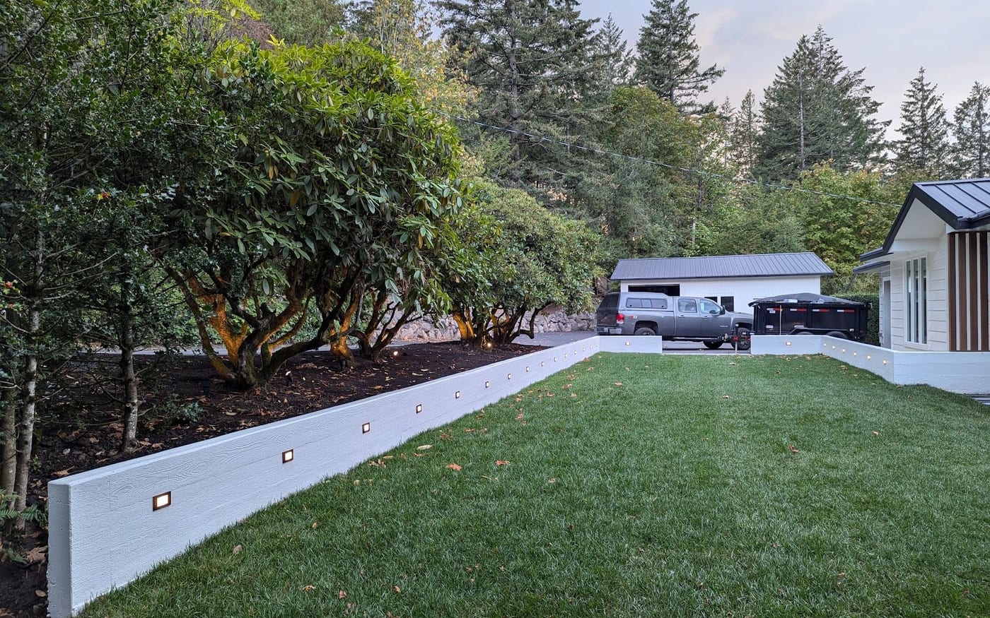 The same retaining wall lighting seen at dusk